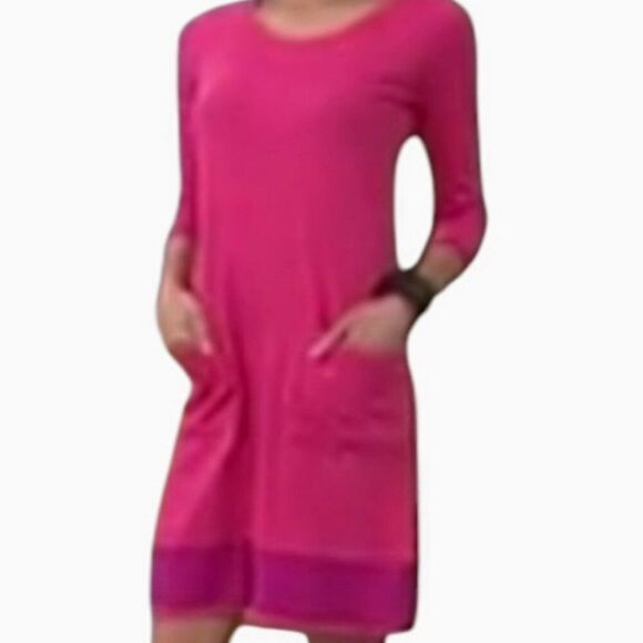 Logo Lori Goldstein Dress Knit 3/4 Sleeves Chiffon Hem and Trim Pink Magenta L - Picture 1 of 13